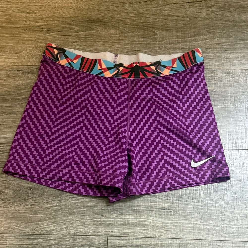 Nike Pro Purple Chevron Shorts with Multicolor Geometric Waistband